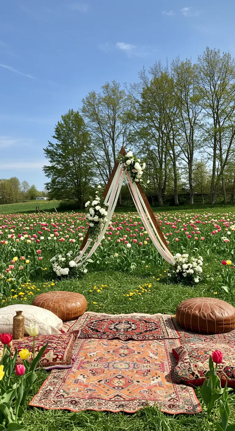 Arche de mariage en forme de tipi dans un champ de tulipes, style bohème.