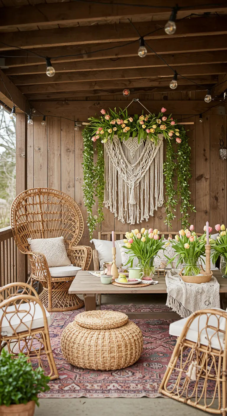 Grande suspension murale en macramé décorée de tulipes roses et jaunes.