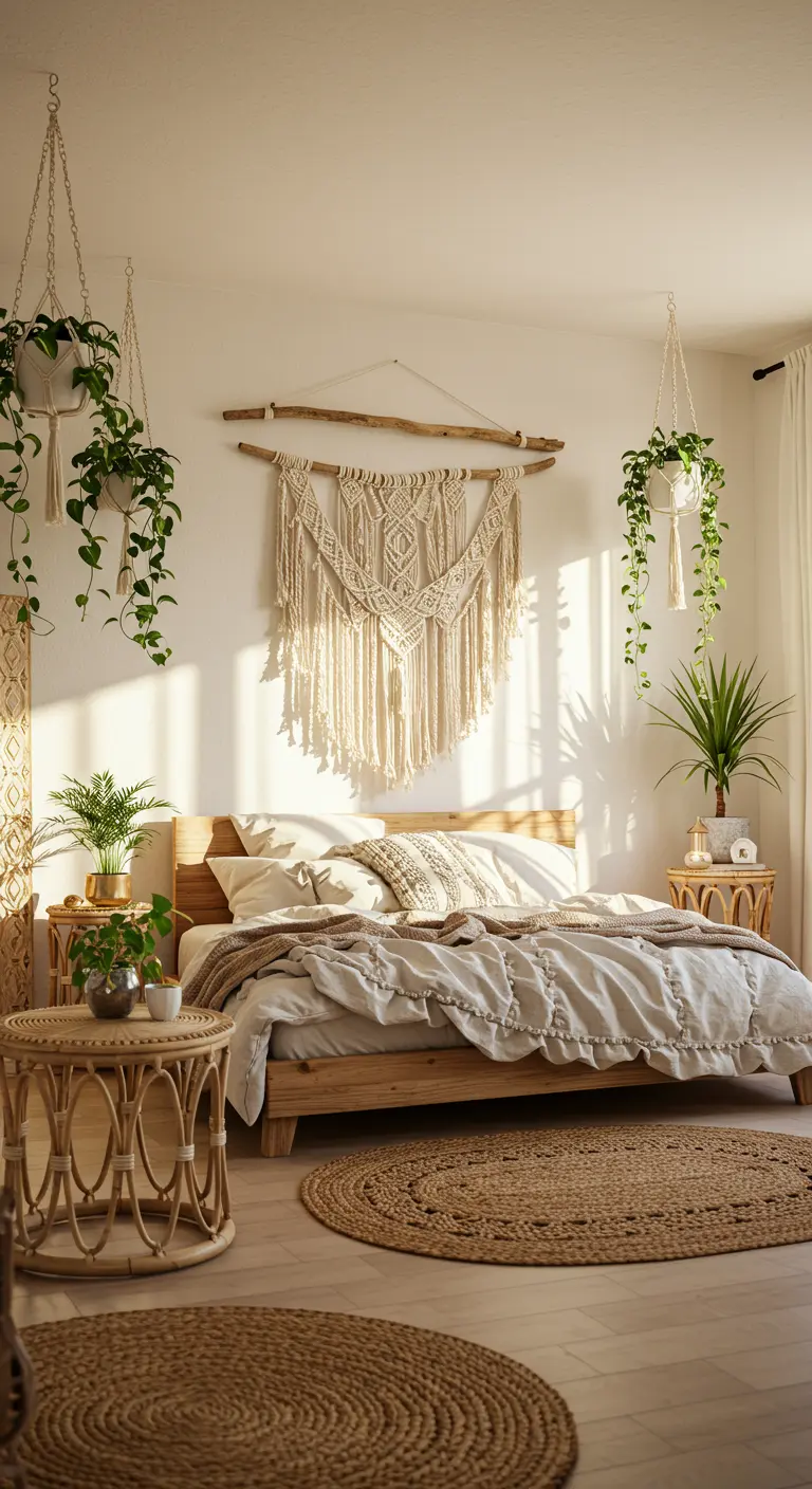 Une grande tenture murale en macramé est suspendue au-dessus du lit dans une chambre bohème.