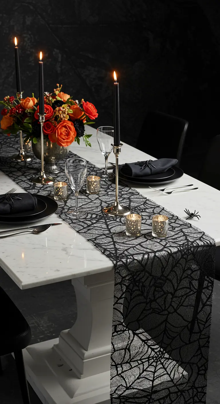 Table en marbre avec un chemin de table en dentelle toile d'araignée.
