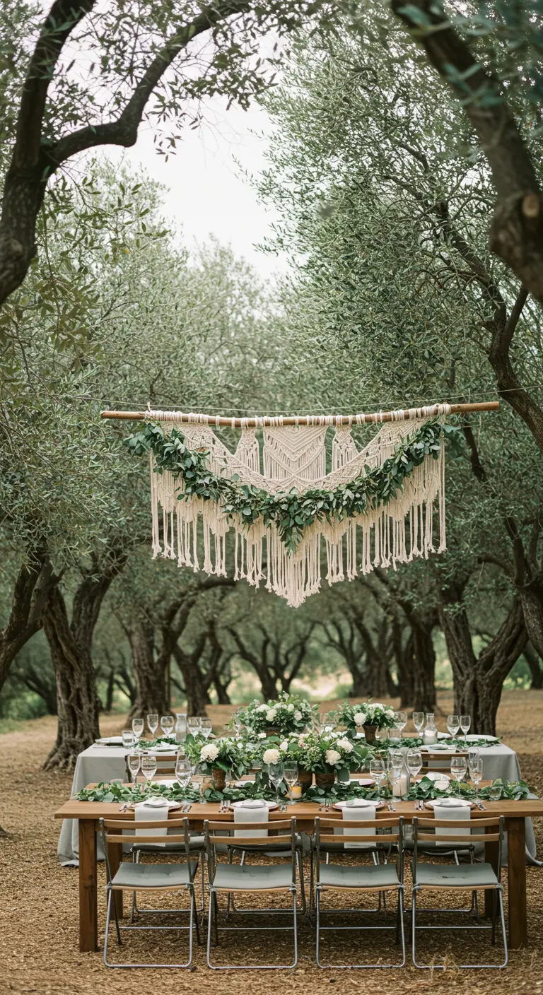 Table de mariage en extérieur avec une grande tenture en macramé suspendue en arrière-plan.
