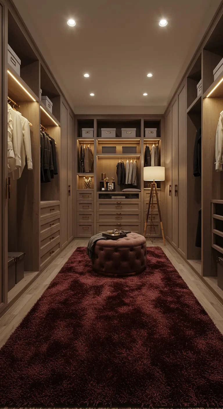 Dressing élégant avec un grand tapis bordeaux à poils longs et un pouf central.