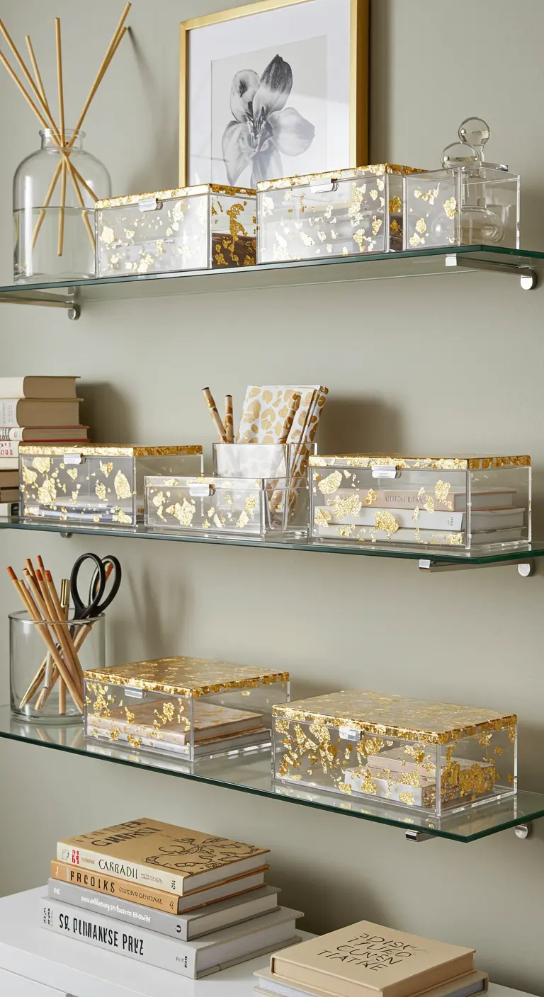 Étagères en verre avec des boîtes de rangement en acrylique transparent décorées à la feuille d'or.