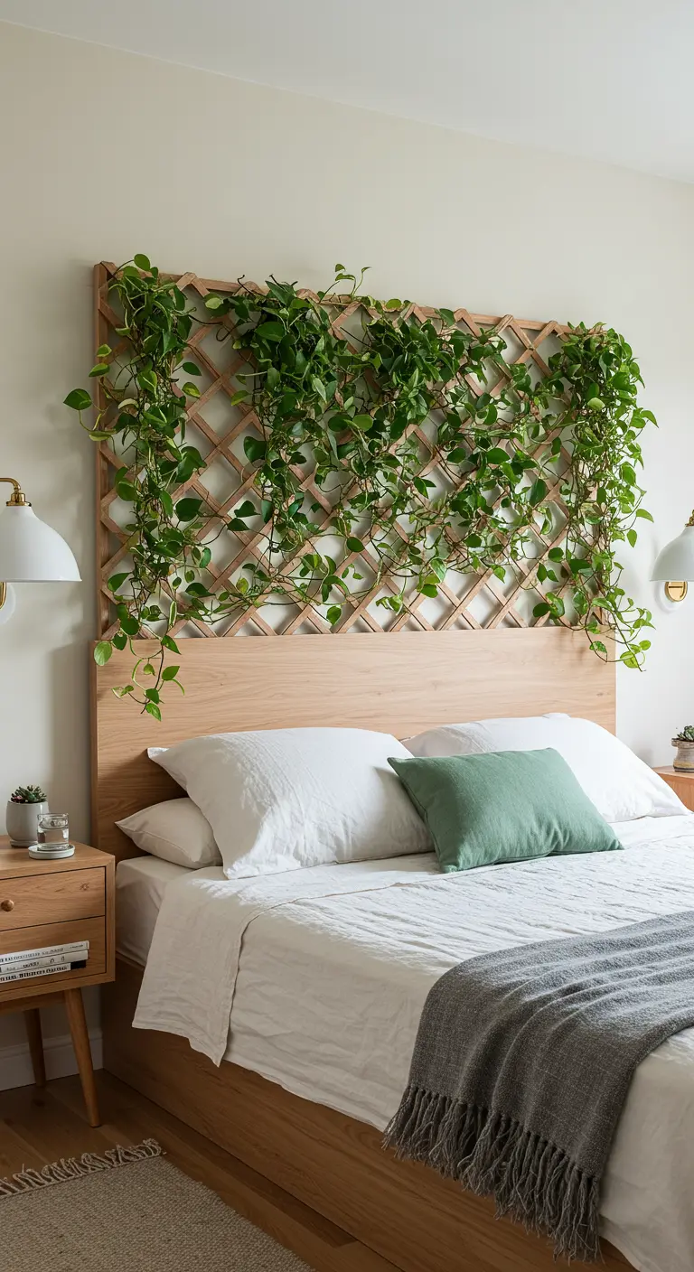 Un treillage en bois clair au-dessus du lit est couvert de plantes grimpantes vertes.