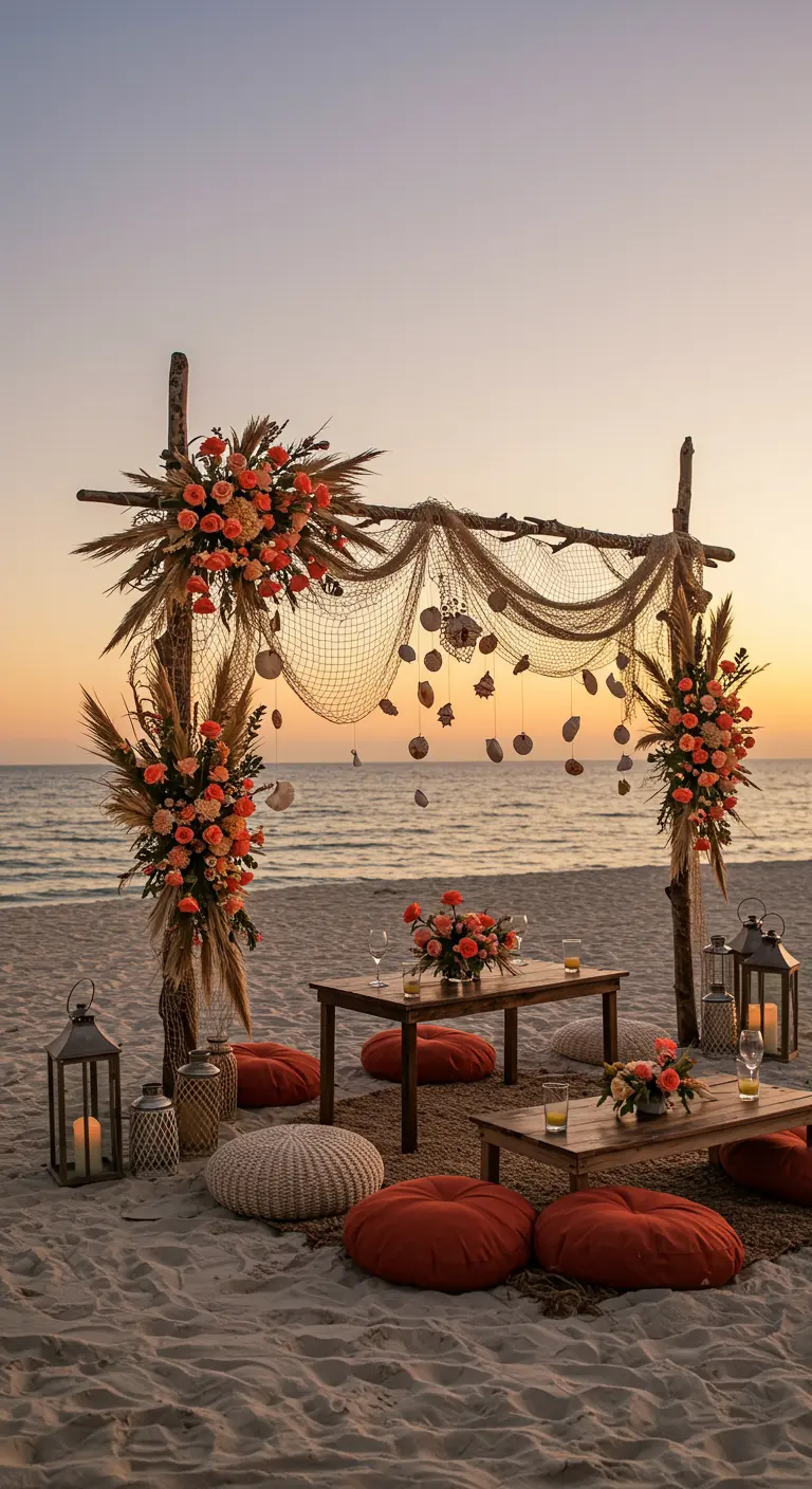 Arche de bois flotté sur la plage avec filet de pêche et coquillages.