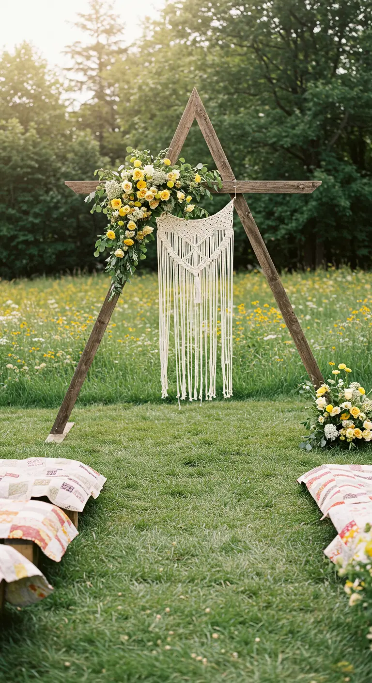 Arche triangulaire en bois avec macramé et fleurs jaunes dans un pré.
