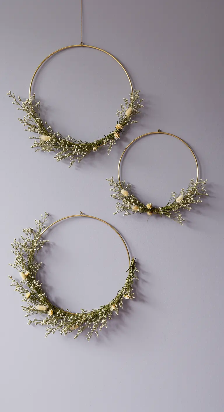 Trois cerceaux métalliques dorés de tailles différentes ornés de fleurs séchées.