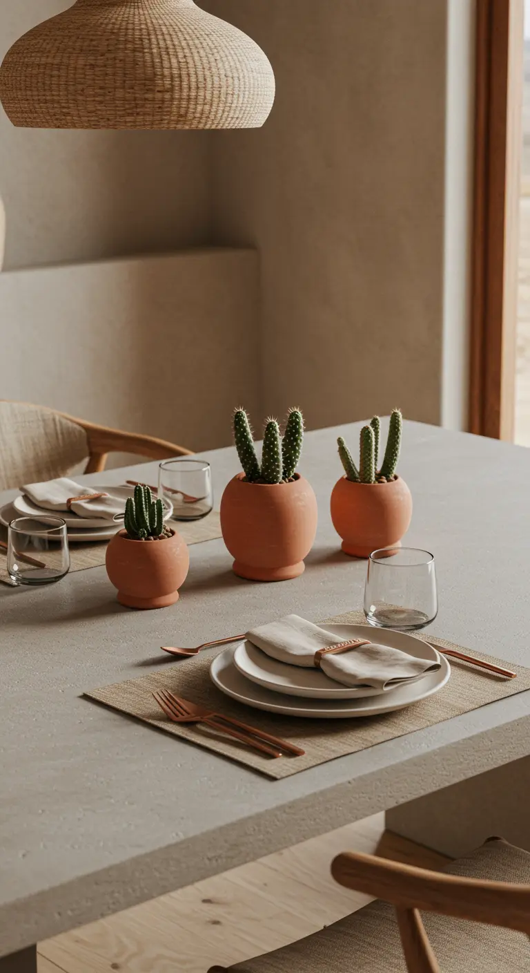 Trio de petits cactus en pots de terre cuite sur une table en béton ciré.
