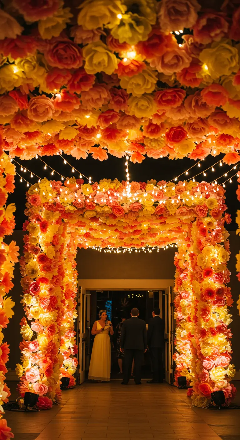 Arche et plafond recouverts de fleurs en papier colorées et de lumières.