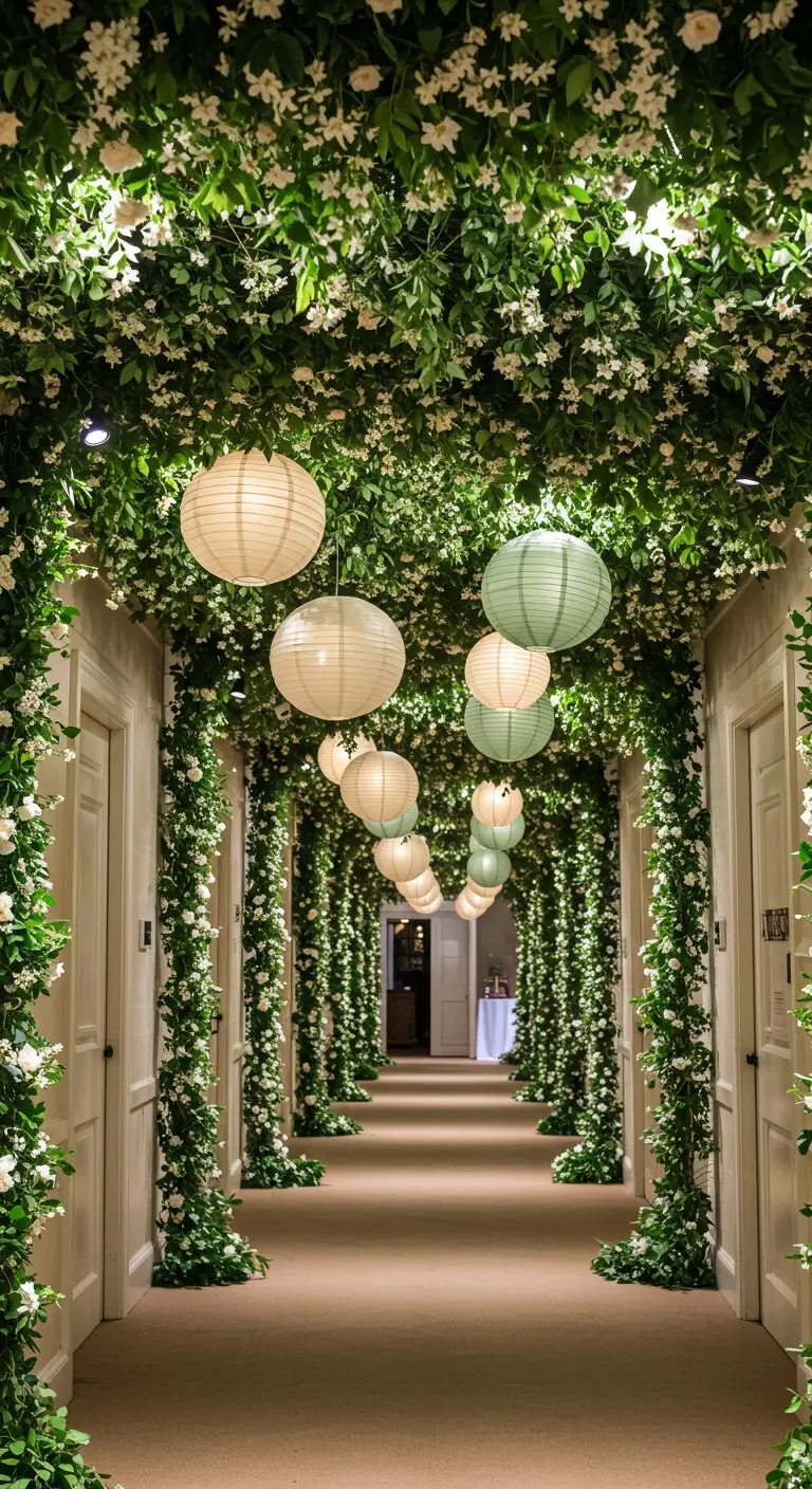 Couloir transformé en tunnel de verdure avec des arches de fleurs et des lampions en papier suspendus.