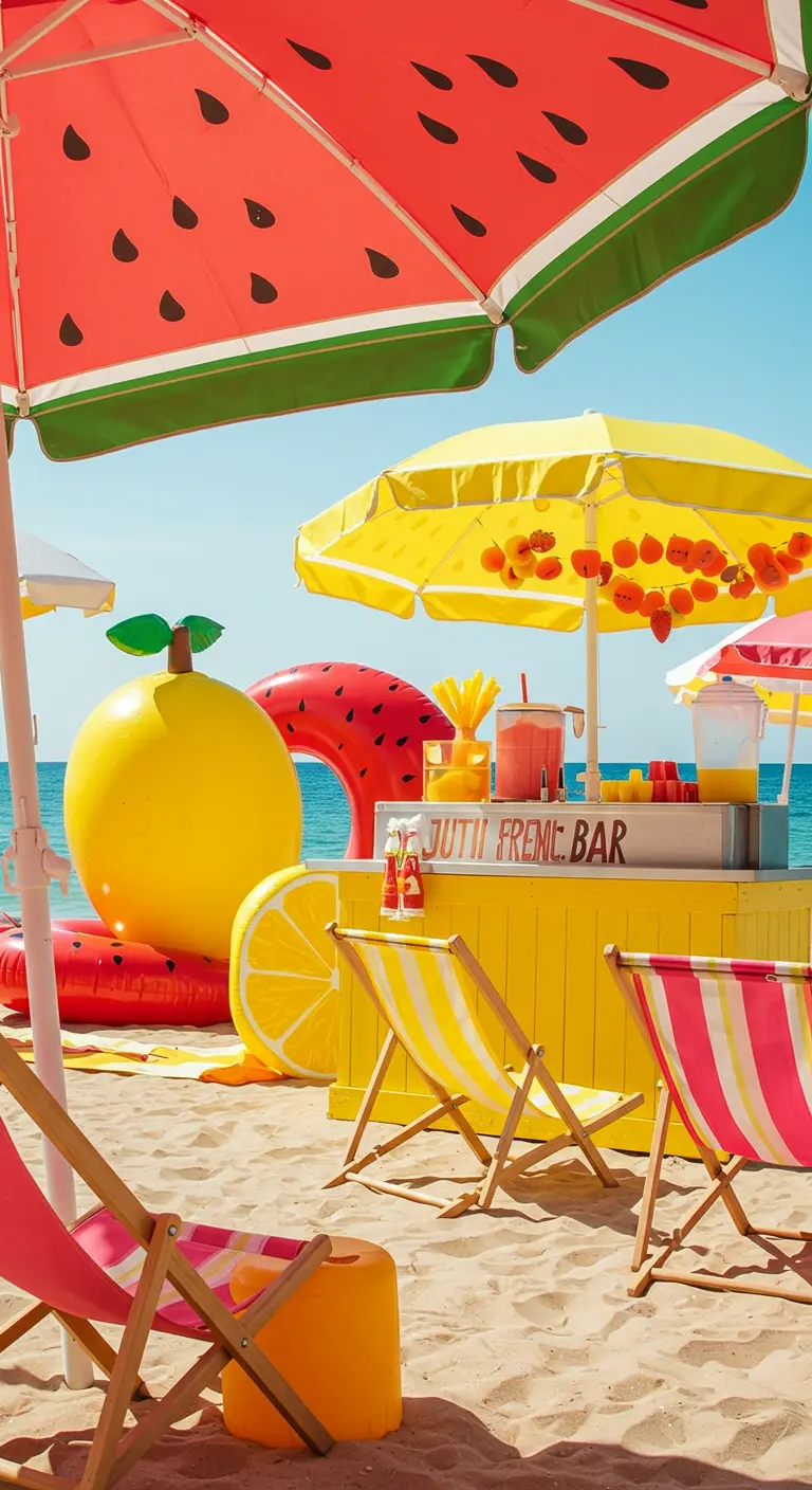 Fête de plage colorée avec des parasols en forme de fruits et des gonflables géants.