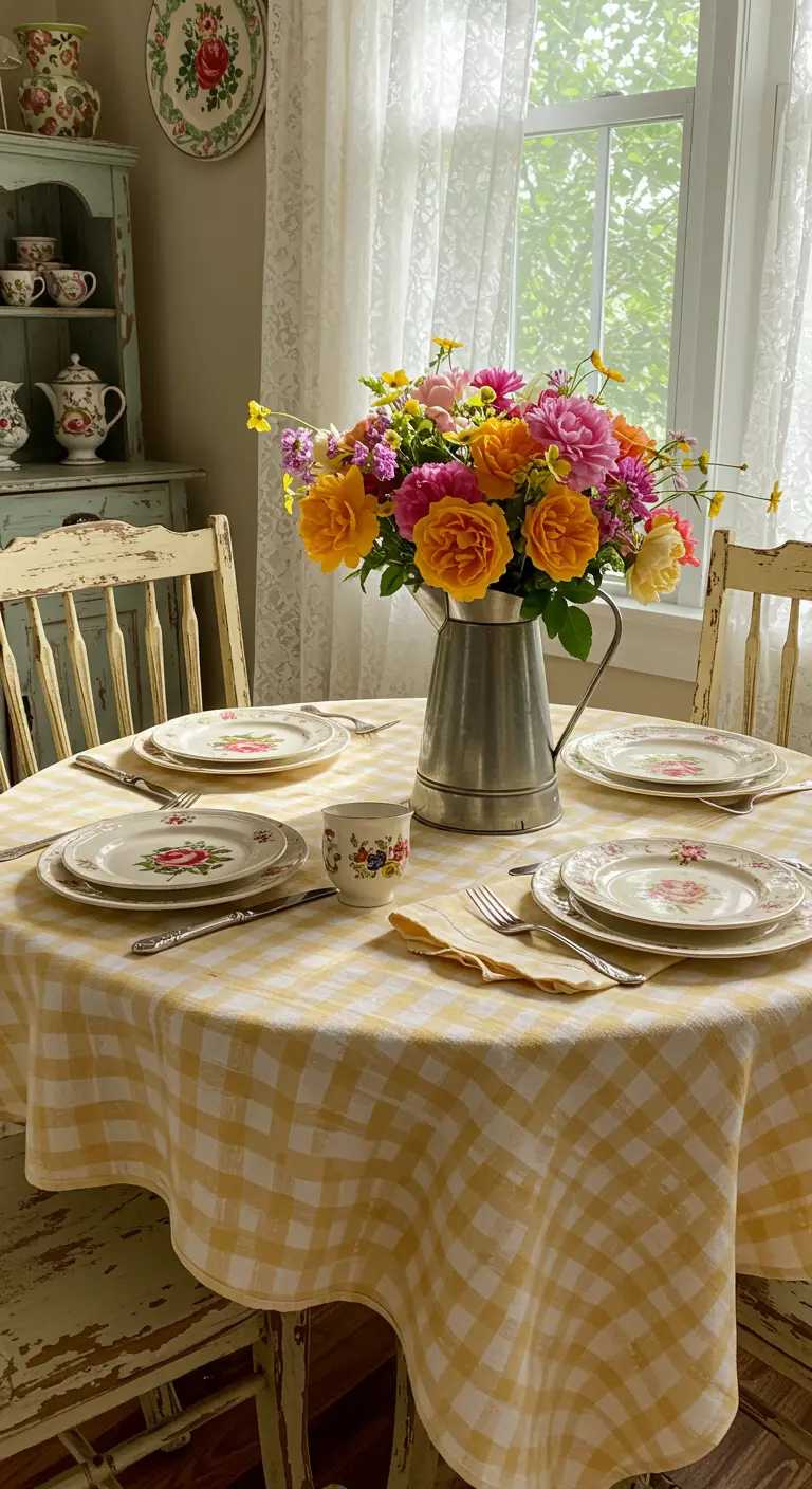 Table ronde avec nappe à carreaux jaunes, vaisselle florale et bouquet de roses.