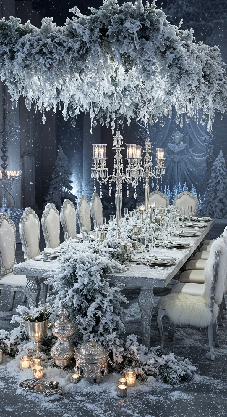 Table de fête somptueuse entièrement recouverte de neige artificielle.