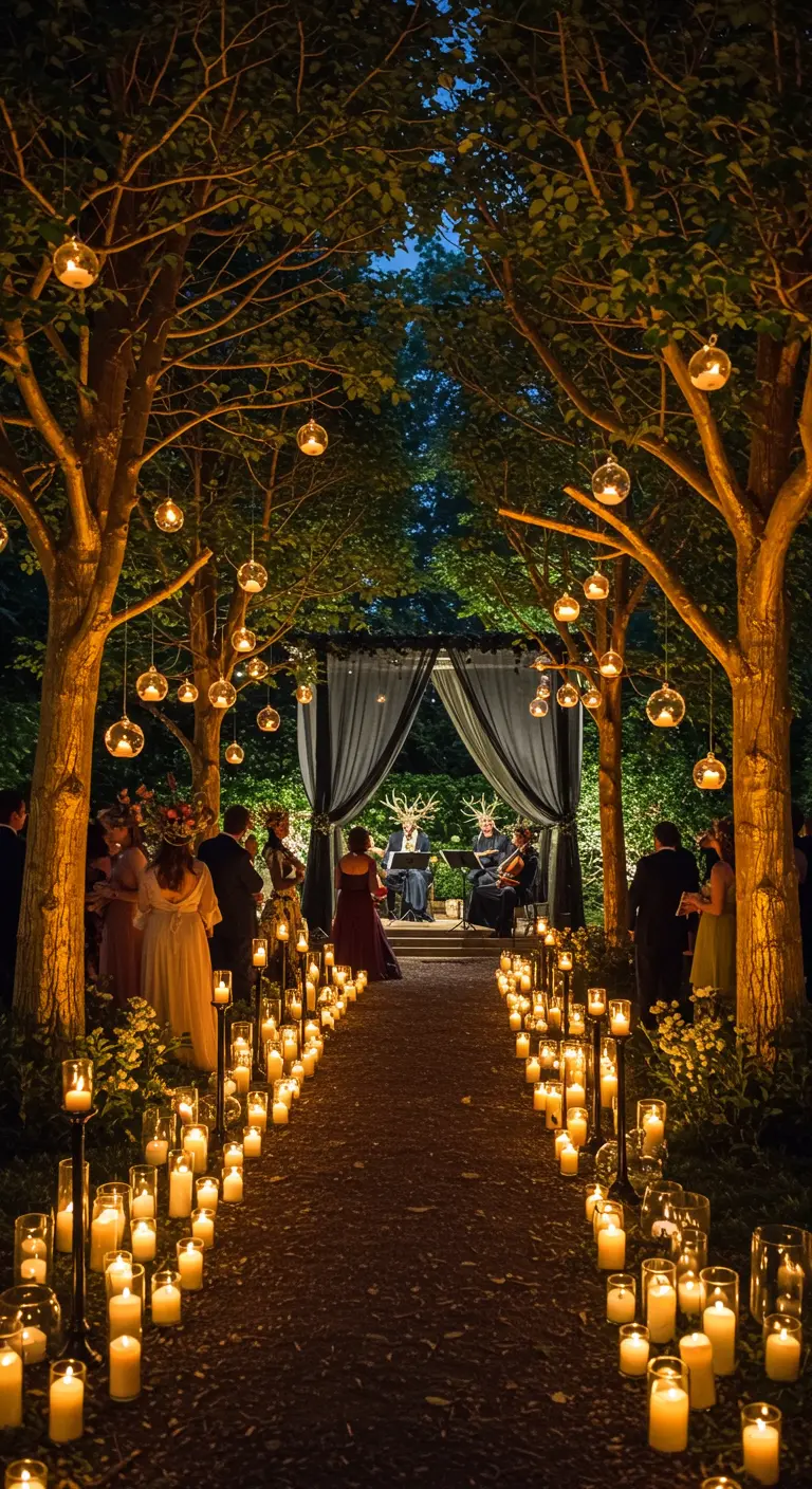 Allée de jardin romantique, bordée de centaines de bougies allumées dans la nuit.