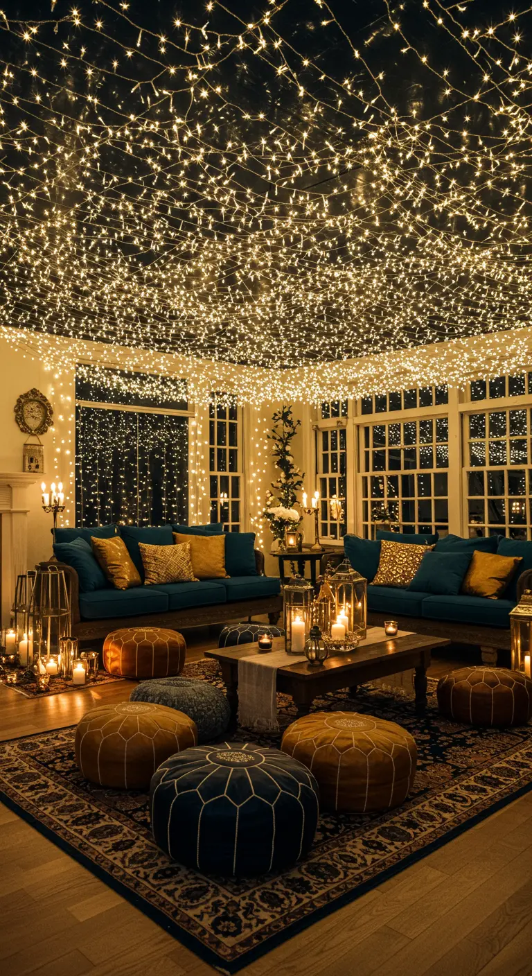 Plafond d'un salon entièrement recouvert de guirlandes lumineuses blanc chaud.