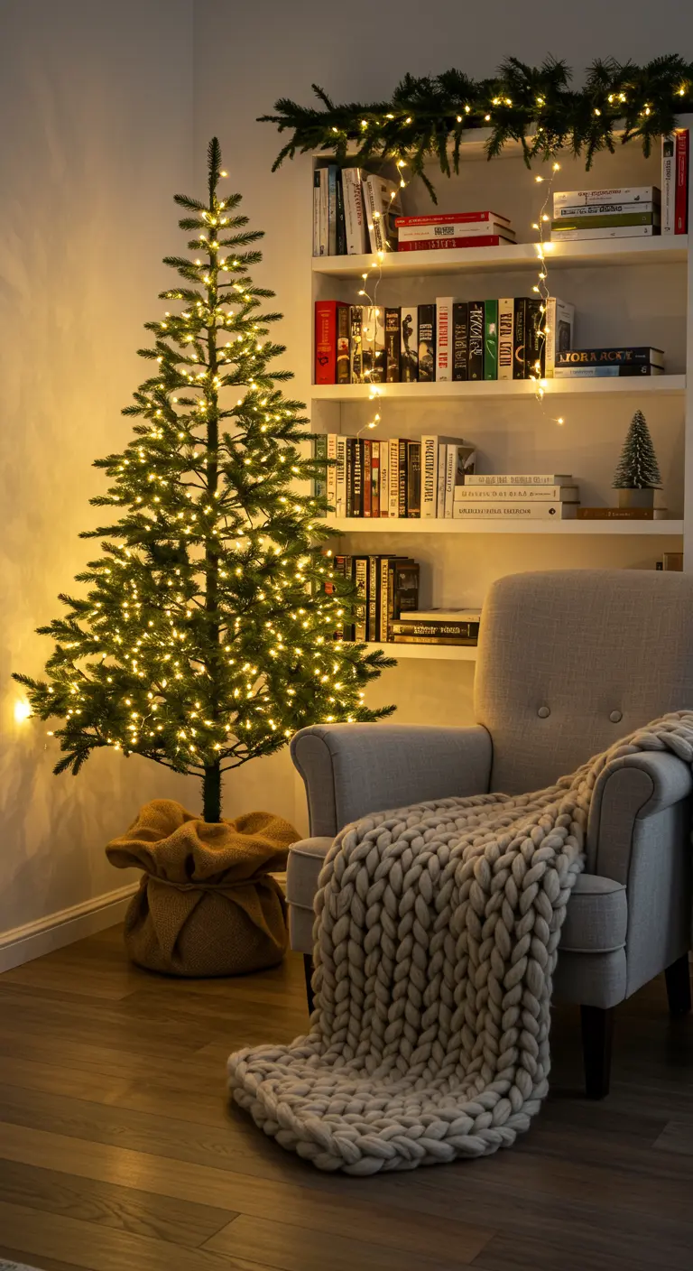 Coin lecture cosy avec fauteuil, plaid en grosses mailles et petit sapin lumineux.