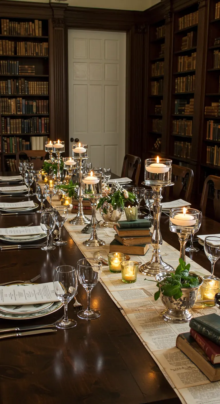 Table de dîner dans une bibliothèque avec des bougies flottantes posées sur des piles de livres.