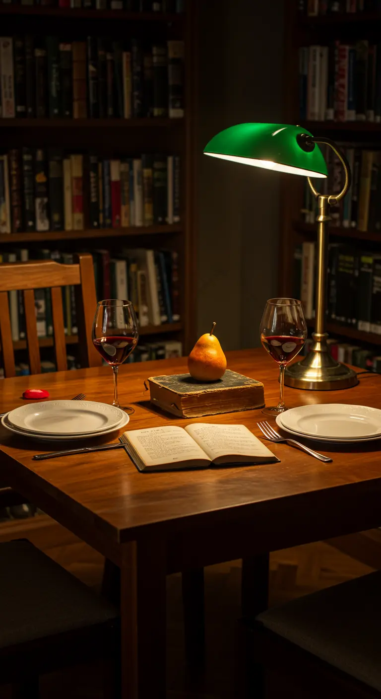 Table dans une bibliothèque avec un livre ouvert comme centre de table.