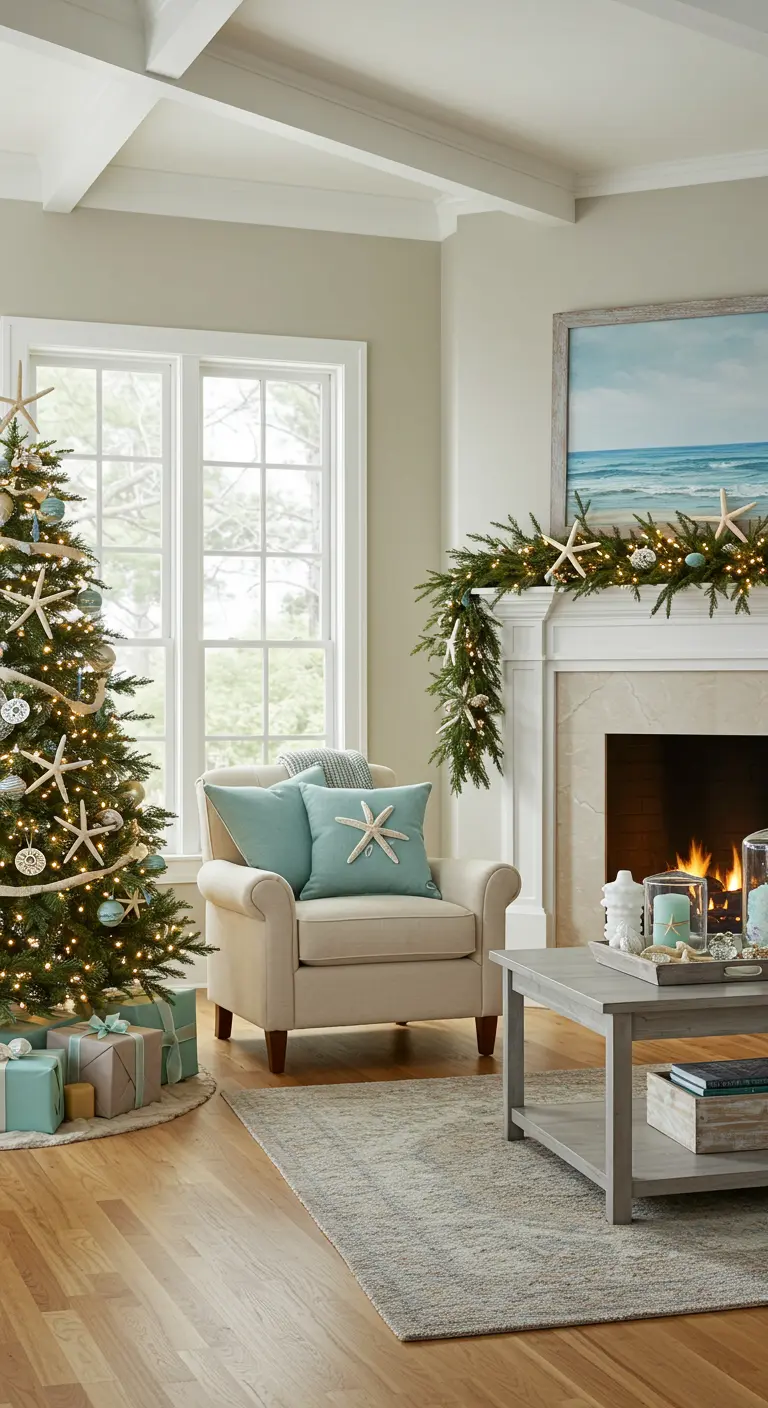 Décor de Noël thème bord de mer avec des étoiles de mer sur le sapin et la cheminée.