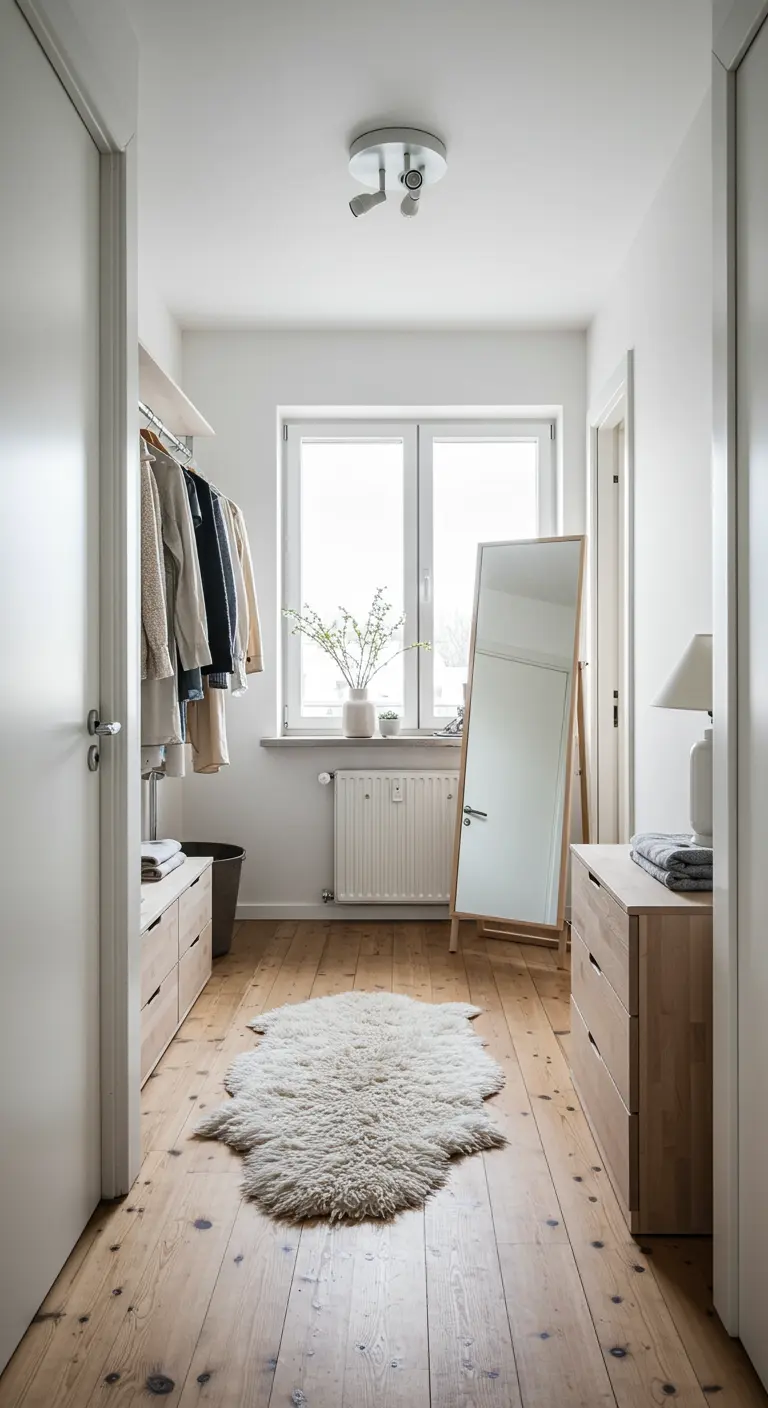 Dressing de passage avec parquet en bois, portant, commode et tapis en peau de mouton.
