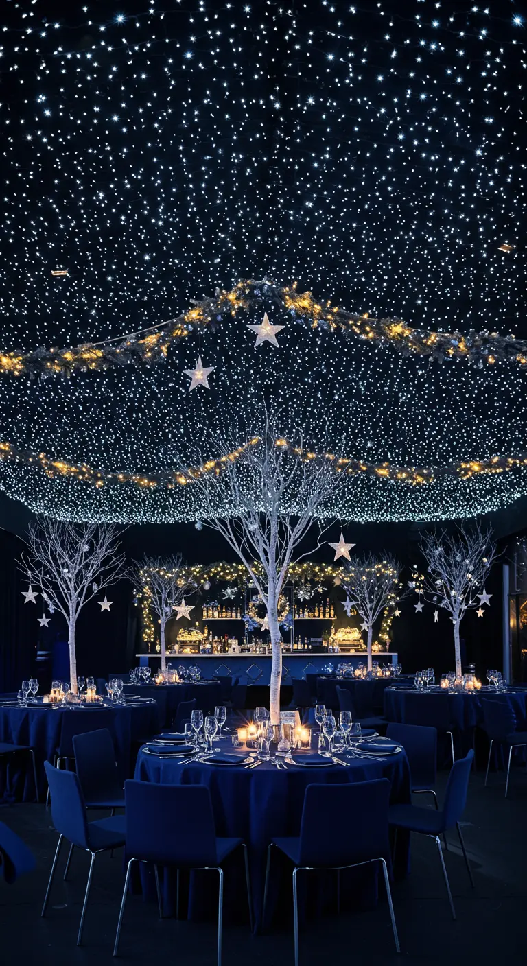 Plafond entièrement recouvert de guirlandes lumineuses imitant un ciel étoilé.