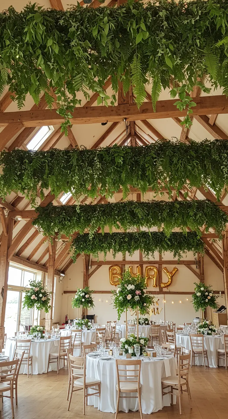 De longues et épaisses guirlandes de verdure suspendues aux poutres en bois d'un plafond haut.