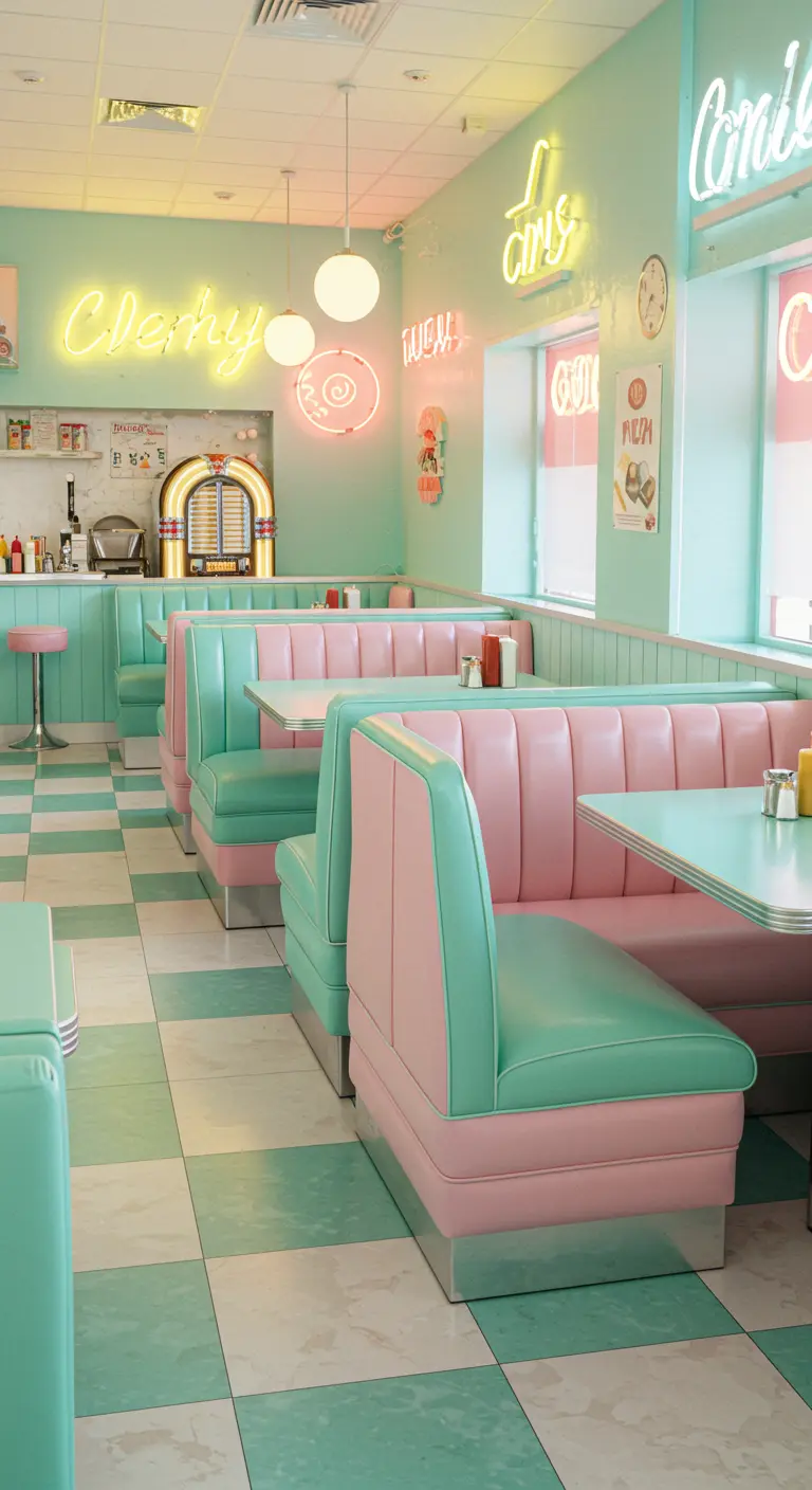 Diner aux couleurs pastel avec des banquettes roses et vert d'eau.