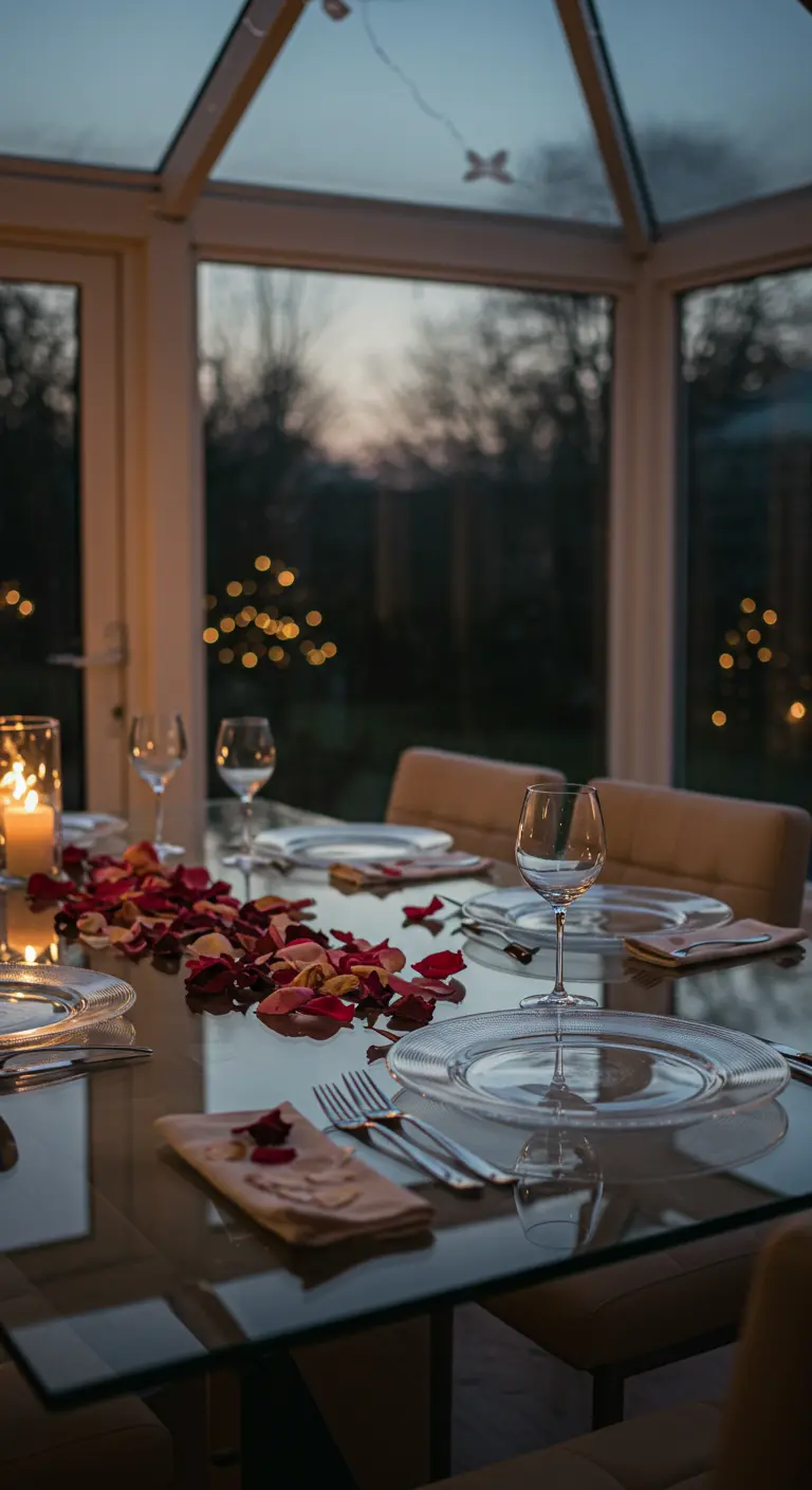 Table en verre avec un chemin de table fait de pétales de roses rouges.