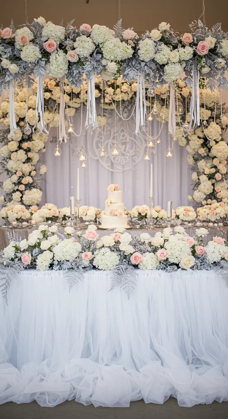 Table de mariage sous une arche de fleurs blanches, roses et feuillage argenté.