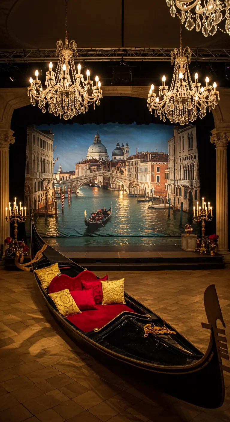 Décor de scène avec une gondole vénitienne devant une toile peinte du Grand Canal.