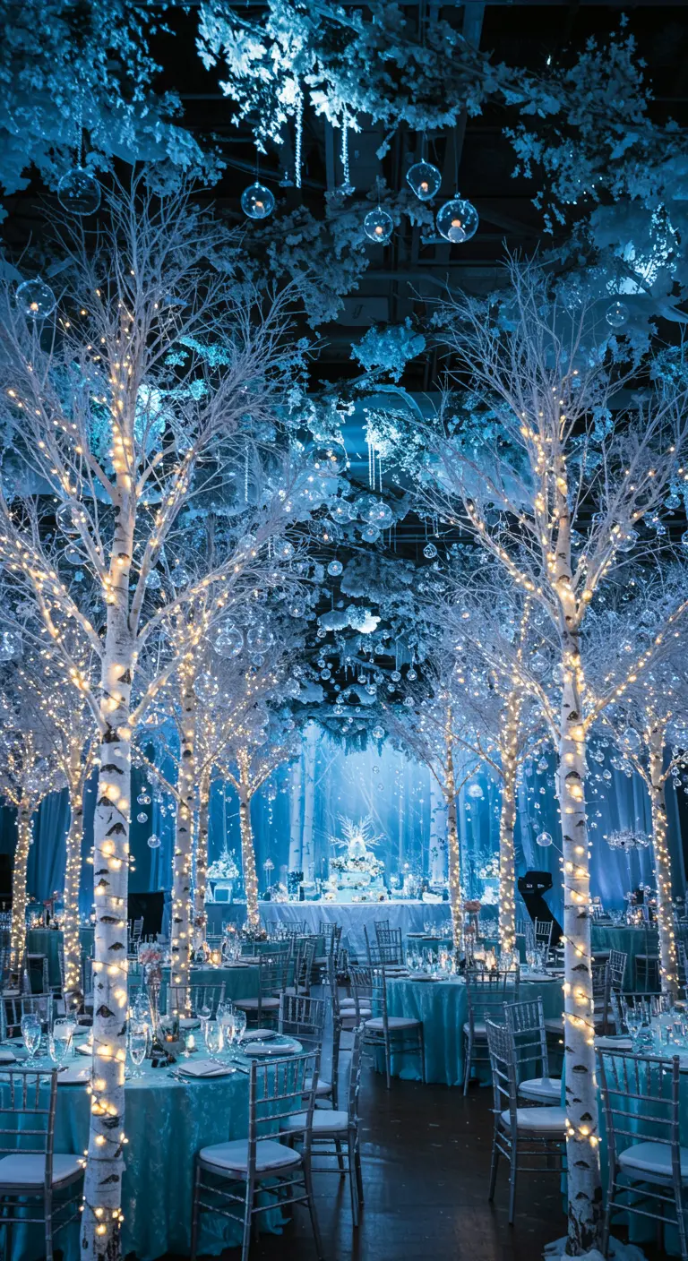 Allée de bouleaux blancs illuminés créant une ambiance de forêt enchantée.