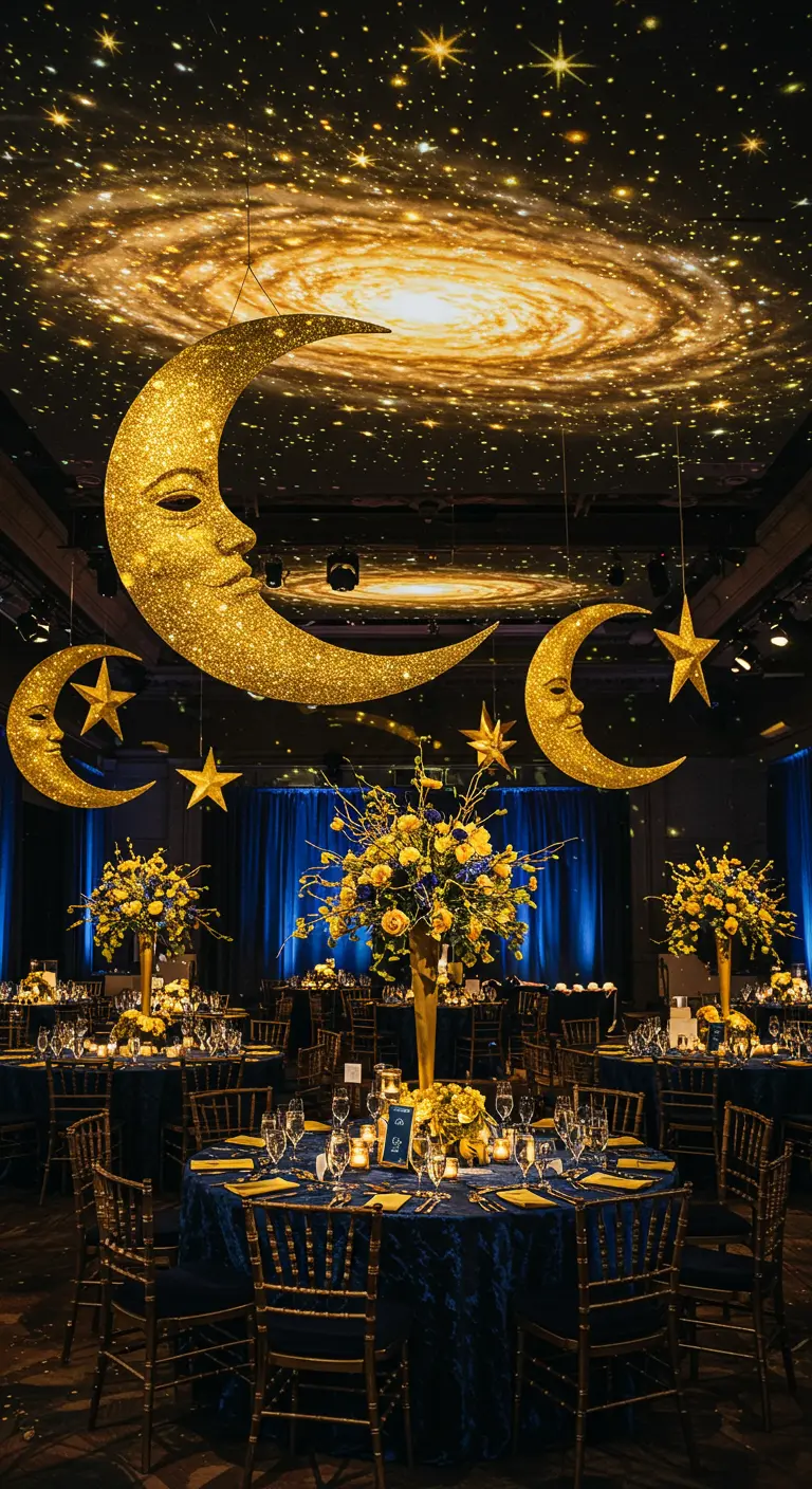 Salle de fête avec un plafond projetant une galaxie et de grandes lunes dorées suspendues.