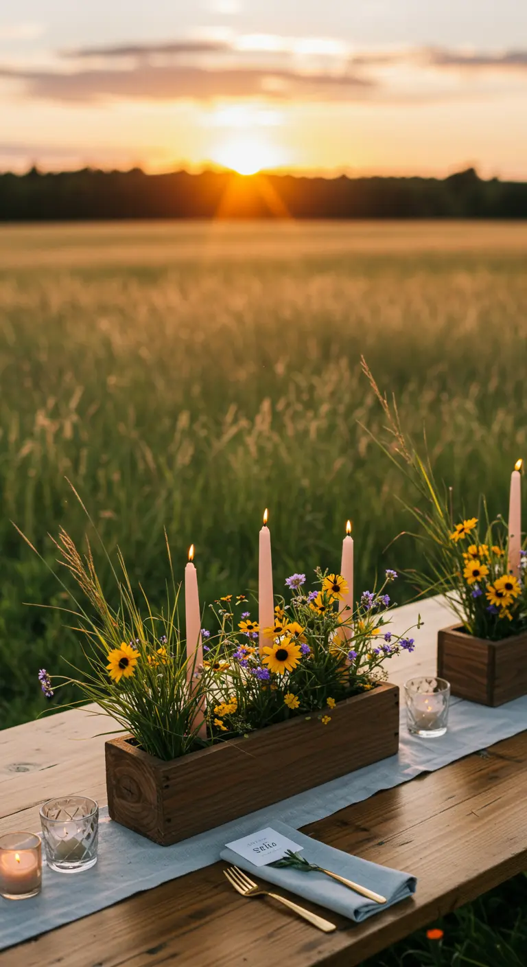 Jardinière en bois remplie de fleurs sauvages et de bougies sur une table en extérieur.