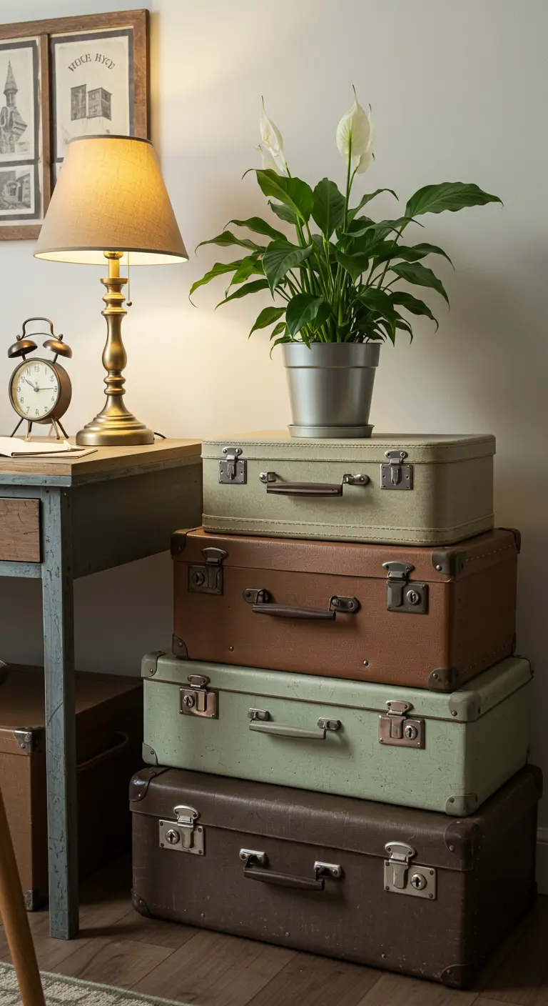 Pile de valises vintage de différentes couleurs utilisées comme rangement à côté d'un bureau.