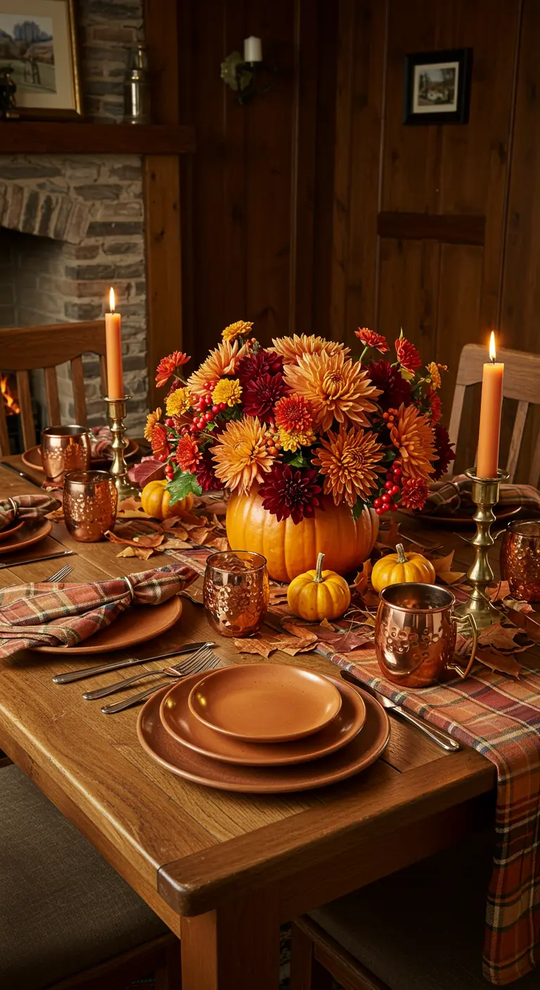 Bouquet de fleurs d'automne dans une citrouille évidée servant de vase.