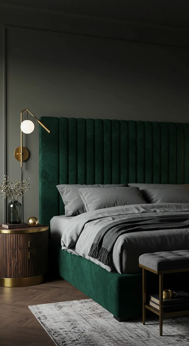 Tête de lit haute et capitonnée en velours vert émeraude dans une chambre chic et sombre.