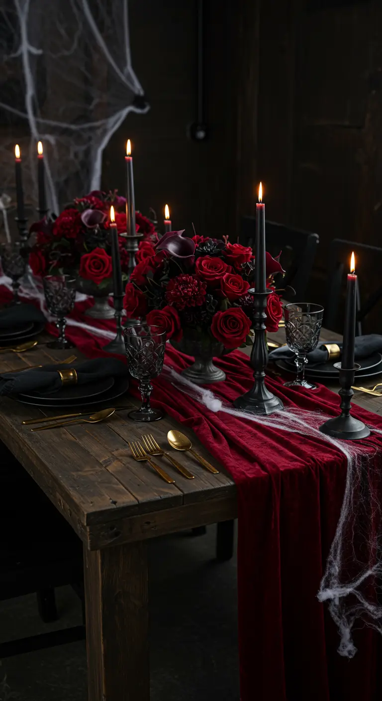 Table d'Halloween avec chemin de table en velours rouge, roses et bougies noires.