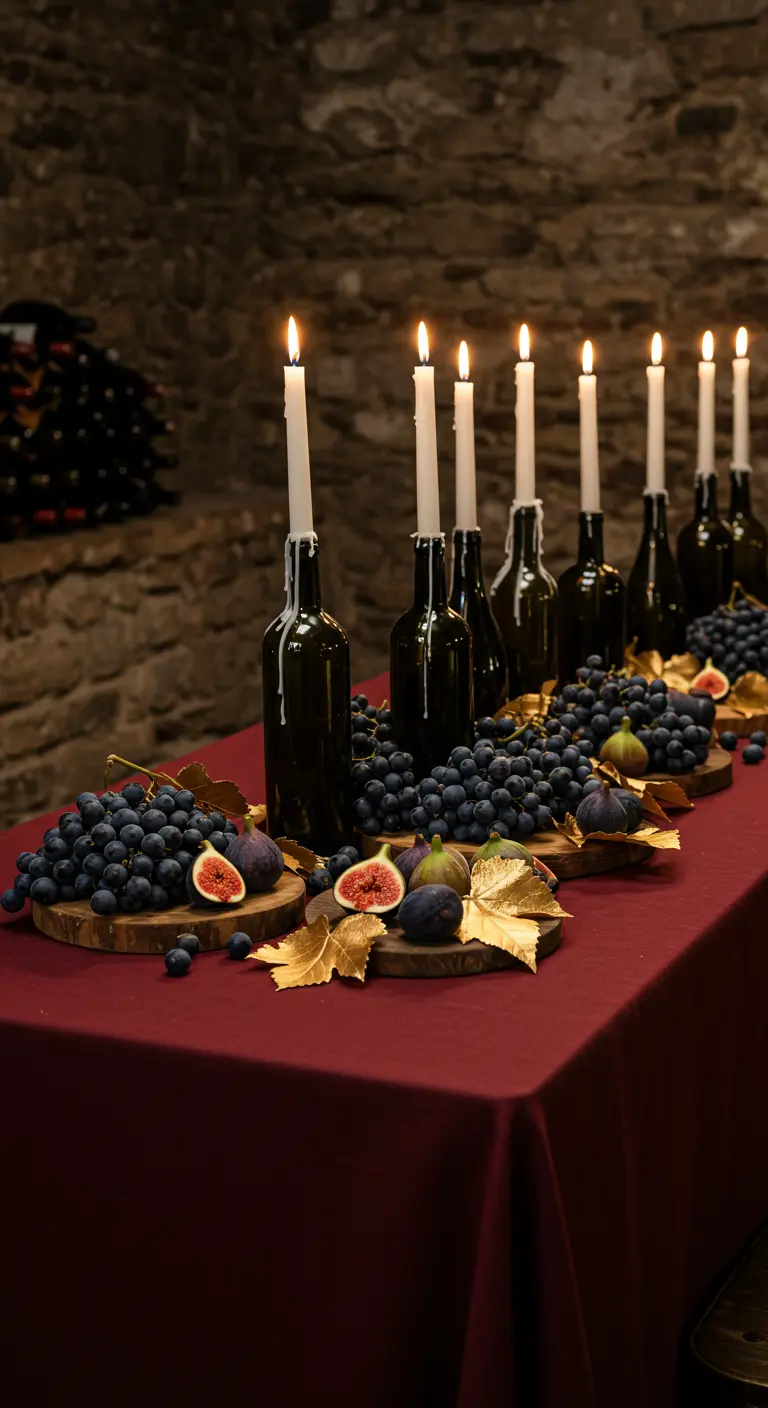 Centre de table avec des bougies dans des bouteilles de vin et des grappes de raisin.