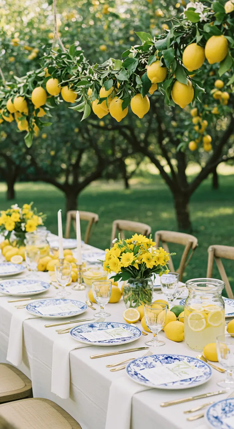 Table de mariage estivale sous une guirlande de branches de citronnier chargées de fruits.