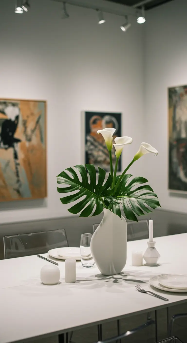 Vase blanc design avec des feuilles de Monstera et des arums blancs sur une table minimaliste.