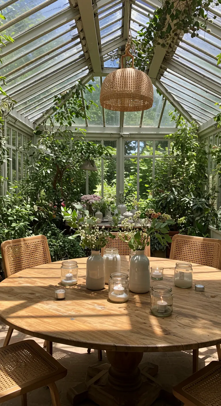 Table ronde en bois dans une serre lumineuse, décorée de nombreux petits vases blancs et bougies.