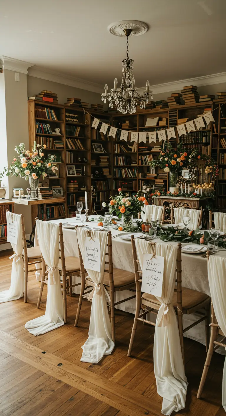 Chaises drapées de tissu blanc avec des bannières calligraphiées.