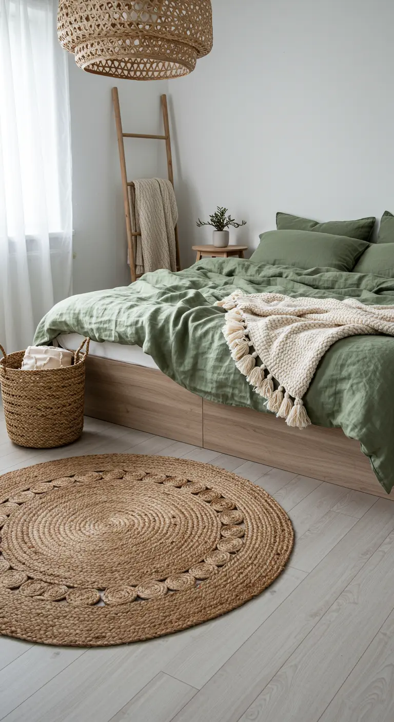 Chambre avec du linge de lit vert, un tapis en jute et un panier en osier.