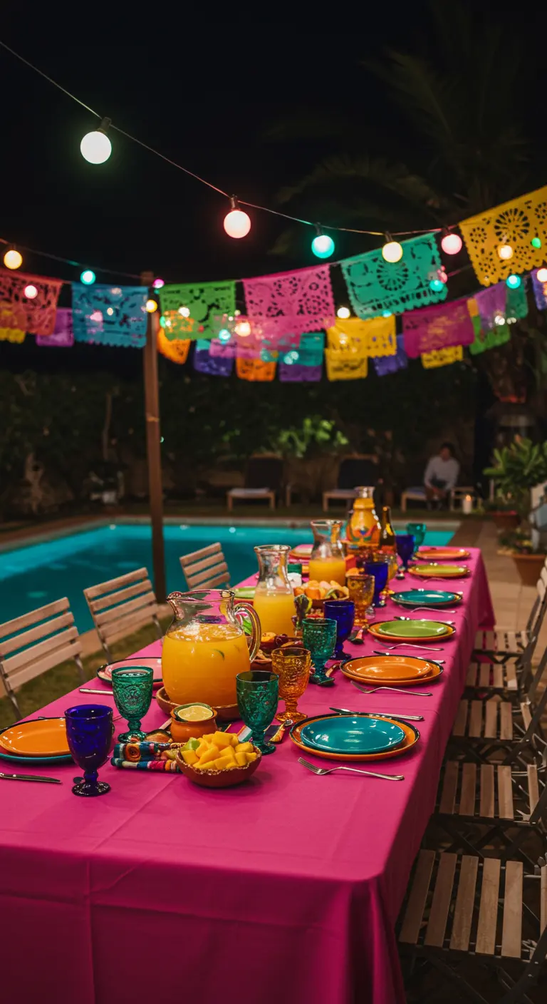 Table de fête très colorée avec guirlandes de papel picado et vaisselle vive.