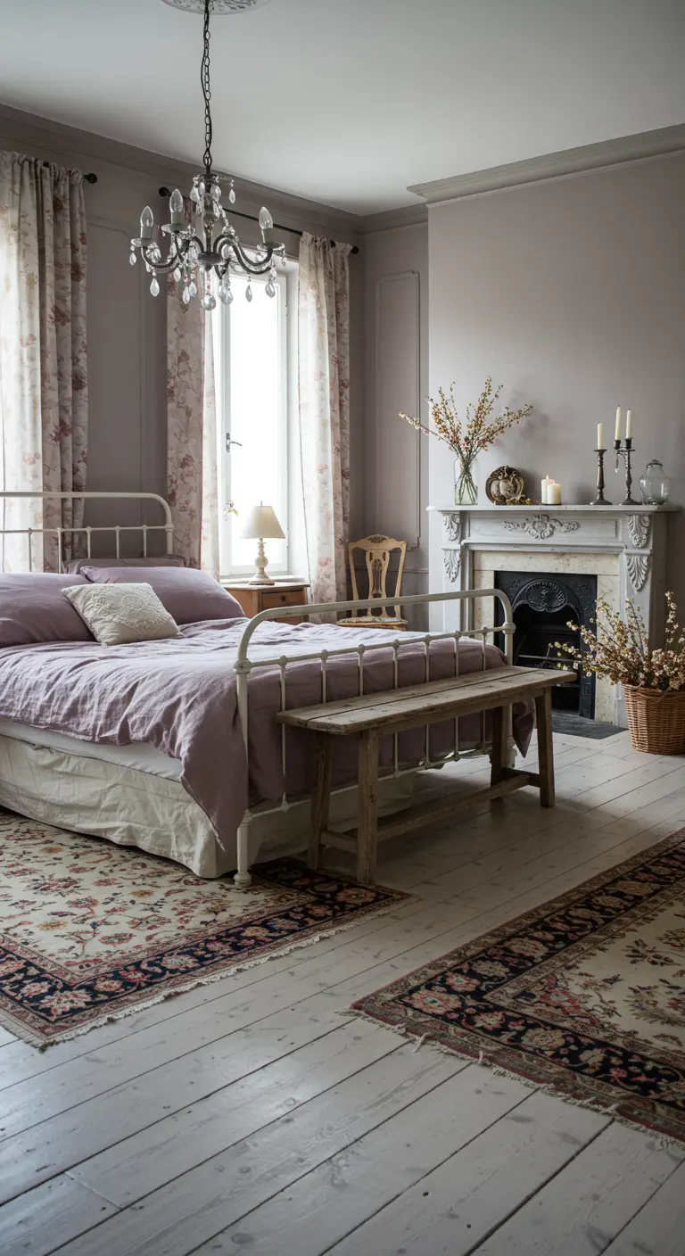 Chambre de style vintage avec des murs gris perle, un lit en fer forgé et du linge mauve.