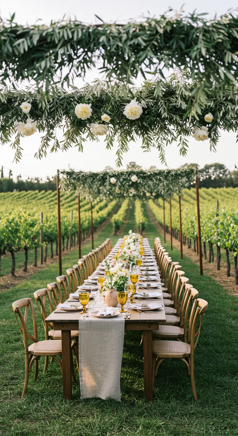 Longue table de mariage en plein air dans un vignoble, sous une canopée de feuillage.