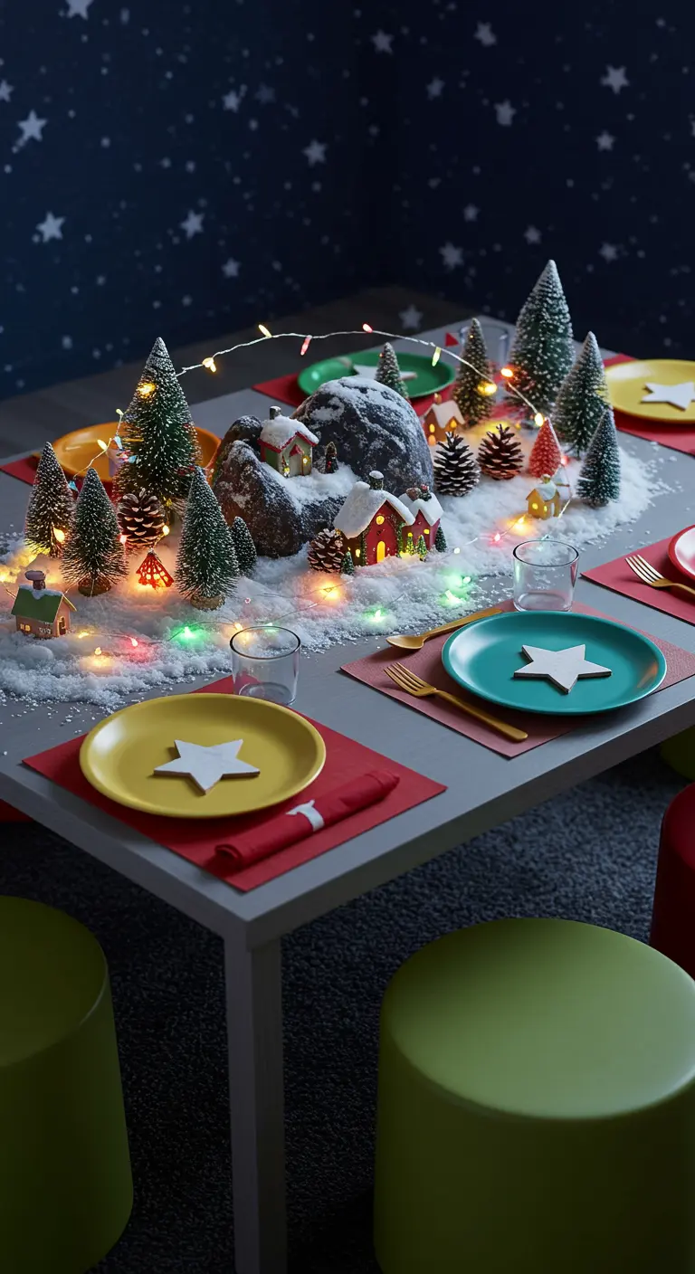 Table d'enfants avec un centre de table en forme de village de Noël enneigé.