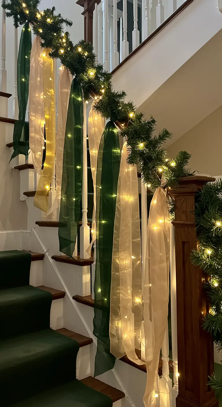 Décoration d'escalier avec des voiles de tissu vert et doré drapés entre les barreaux.