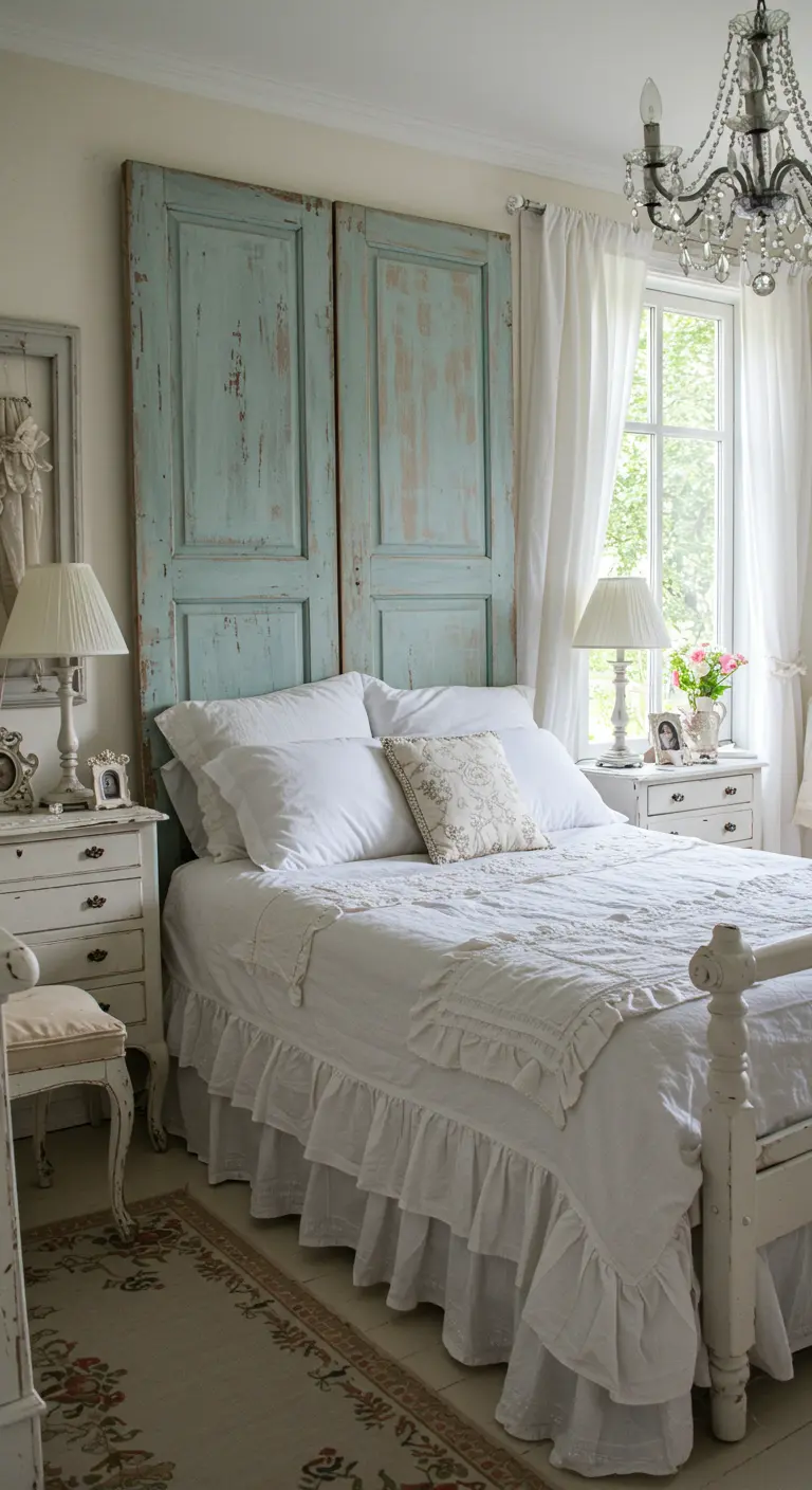 Deux vieilles portes en bois bleu patiné sont utilisées comme tête de lit shabby chic.