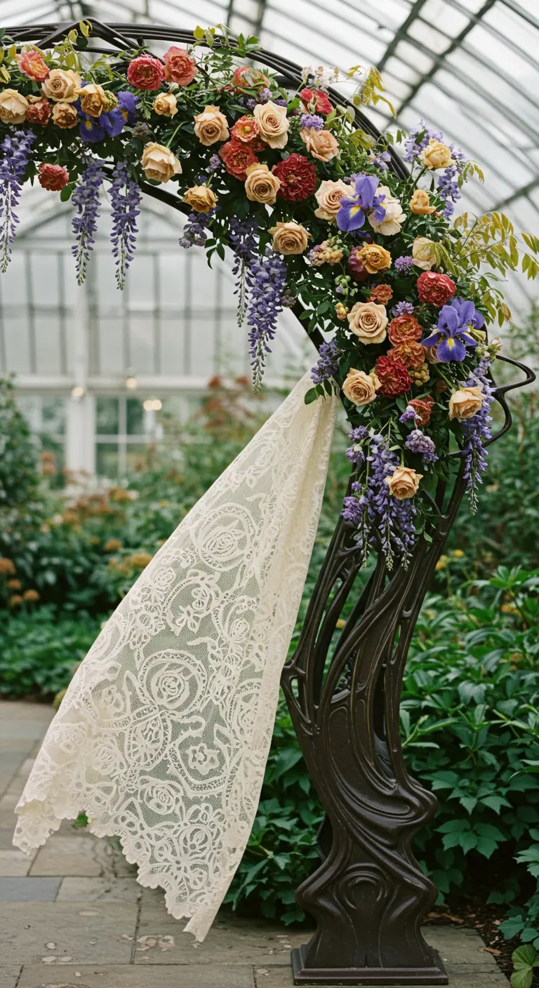 Arche métallique Art Nouveau avec une composition florale asymétrique et colorée.